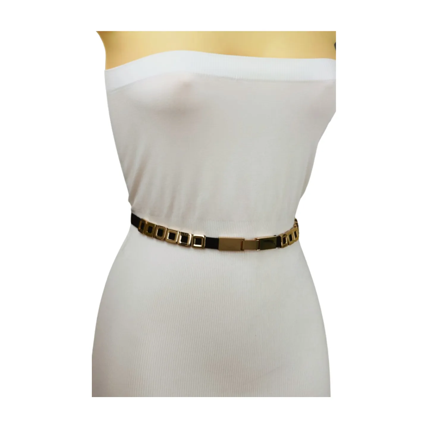 Black Elastic Fashion Belt Gold Metal Square Charms S M L