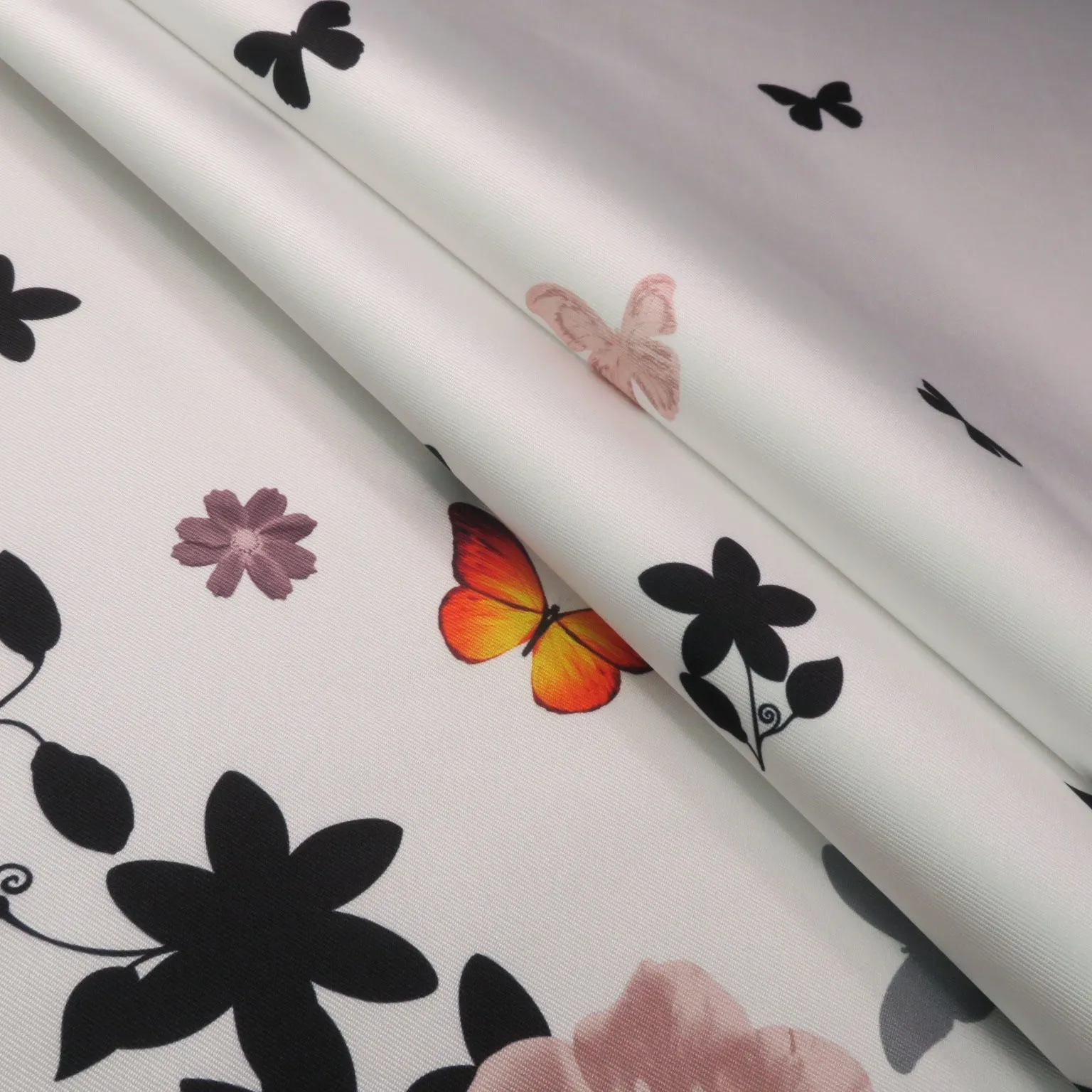 Black Floral on White Printed Polyester Mikado Fabric