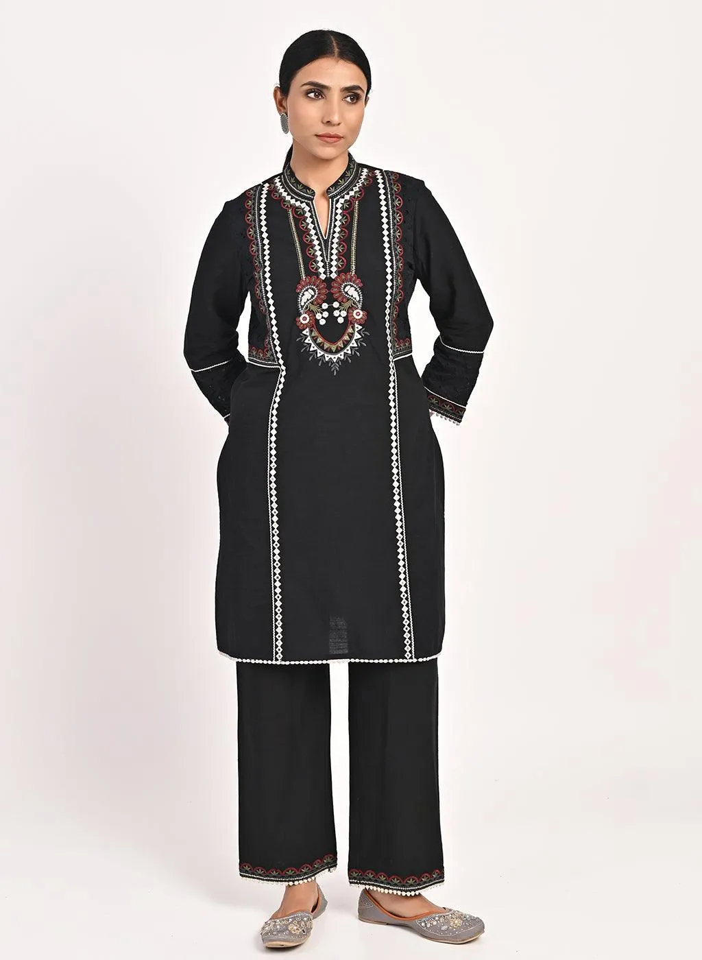 Black Schiffili Embroidered Cotton Co-ord Set with 3/4th Sleeves