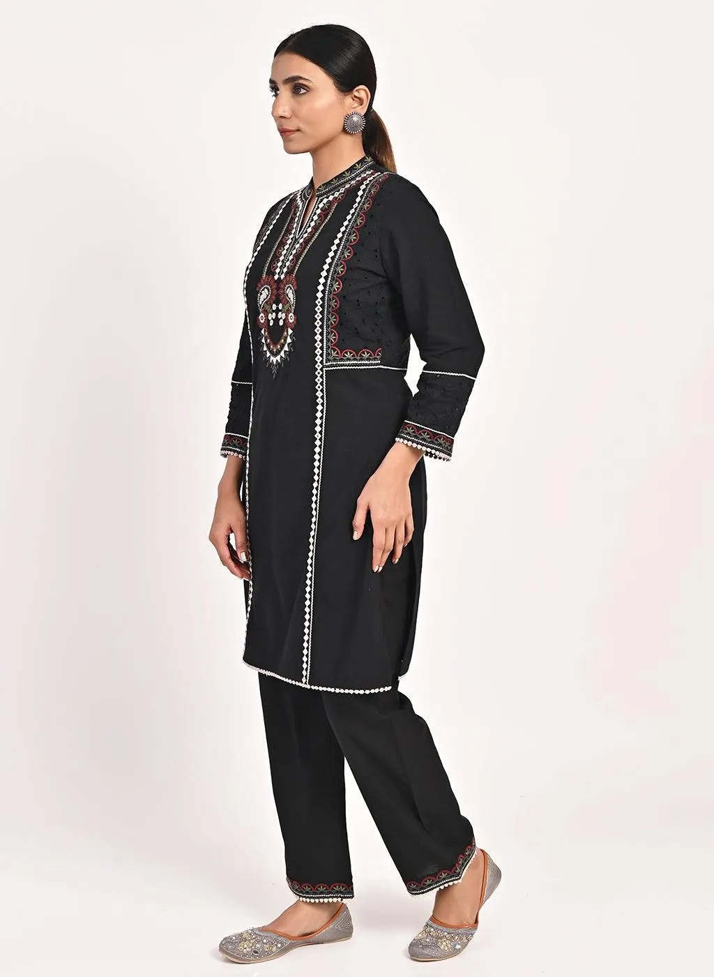 Black Schiffili Embroidered Cotton Co-ord Set with 3/4th Sleeves