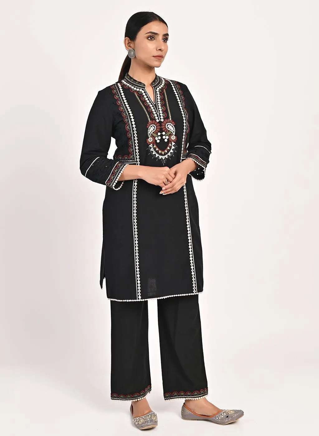 Black Schiffili Embroidered Cotton Co-ord Set with 3/4th Sleeves