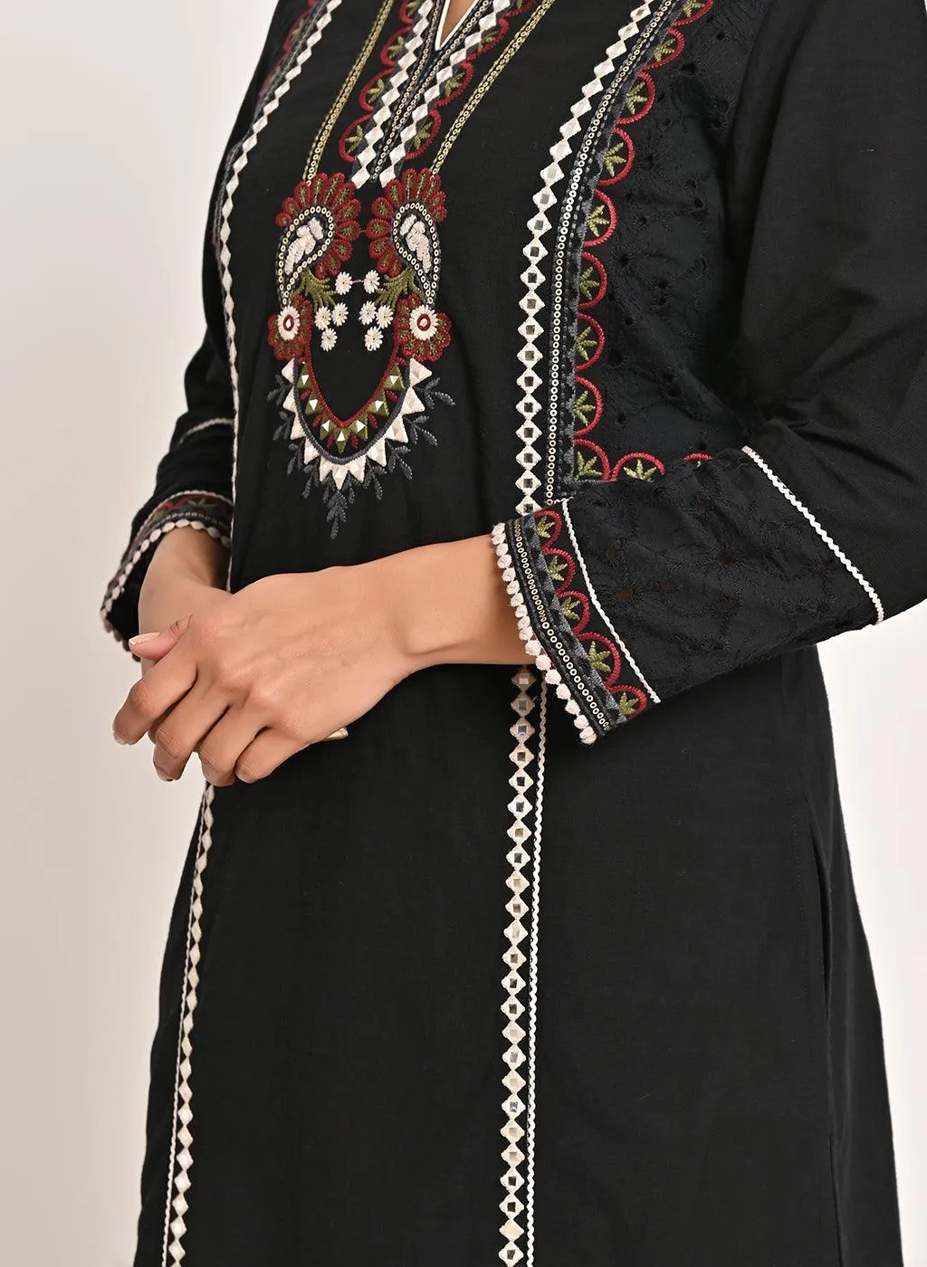 Black Schiffili Embroidered Cotton Co-ord Set with 3/4th Sleeves