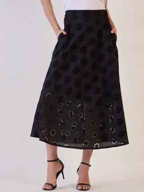 Black Schiffli Flared Skirt