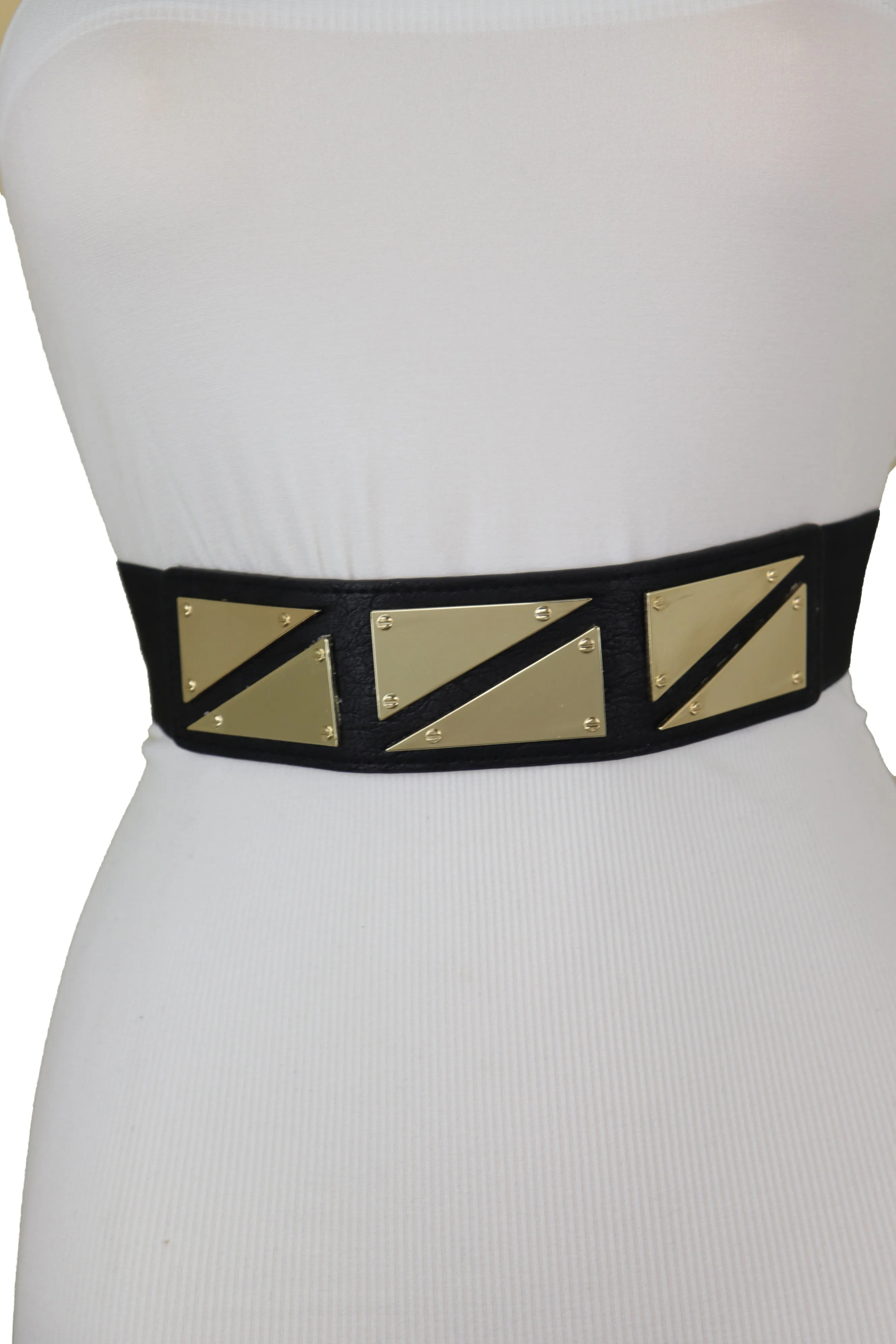 Black Stretch Waistband Fashion Belt Gold Triangle Buckle Size S M