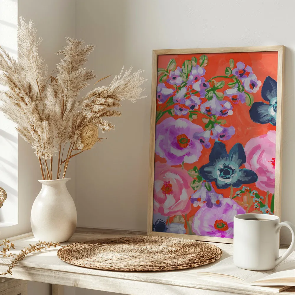 Blue Anemones On Red - Stretched Canvas, Poster or Fine Art Print