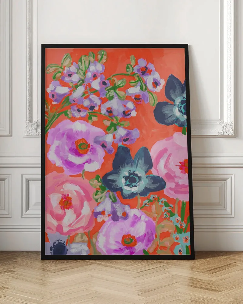 Blue Anemones On Red - Stretched Canvas, Poster or Fine Art Print