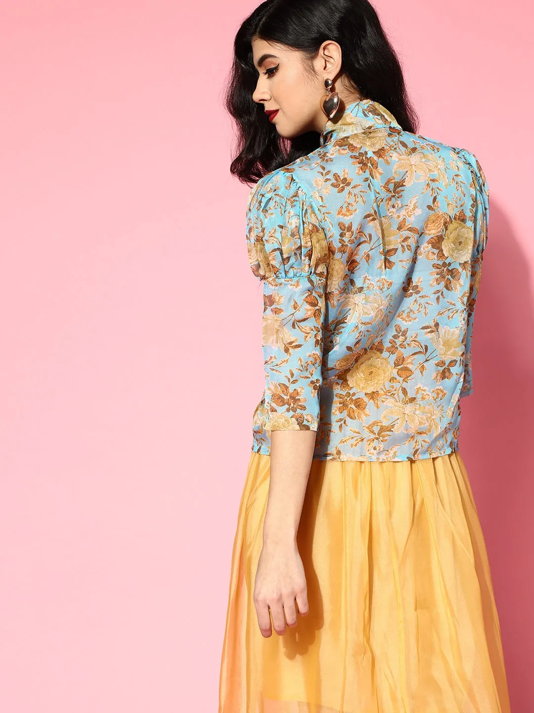 Blue Floral Organza Puff Sleeve Tie-Up Top