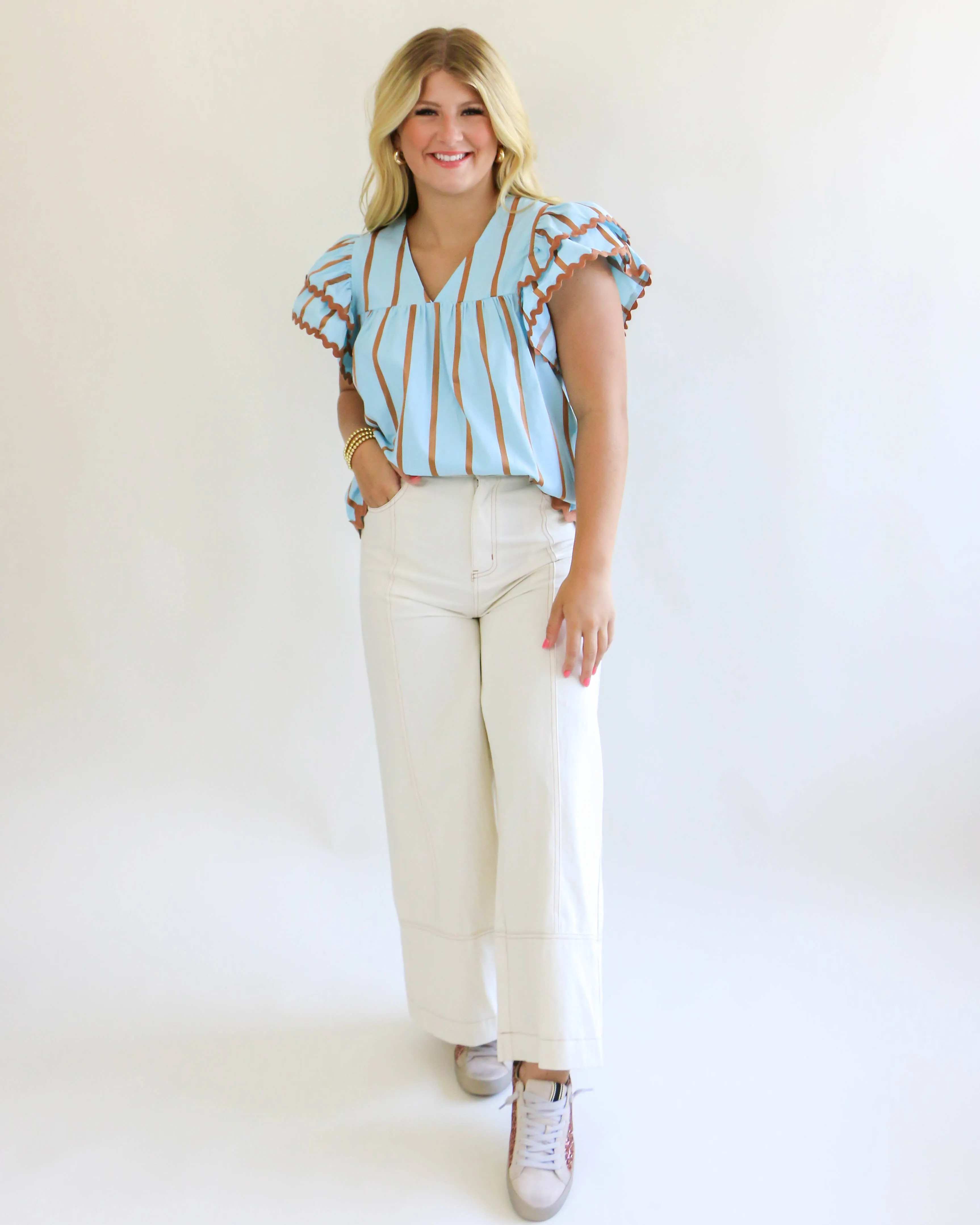 Blue V-Neck Brown Trimmed Top