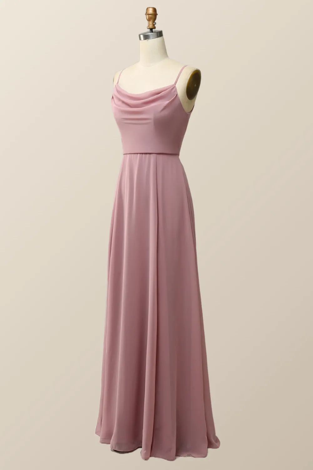 Blush Pink Cowl Neck Chiffon Long Bridesmaid Dress