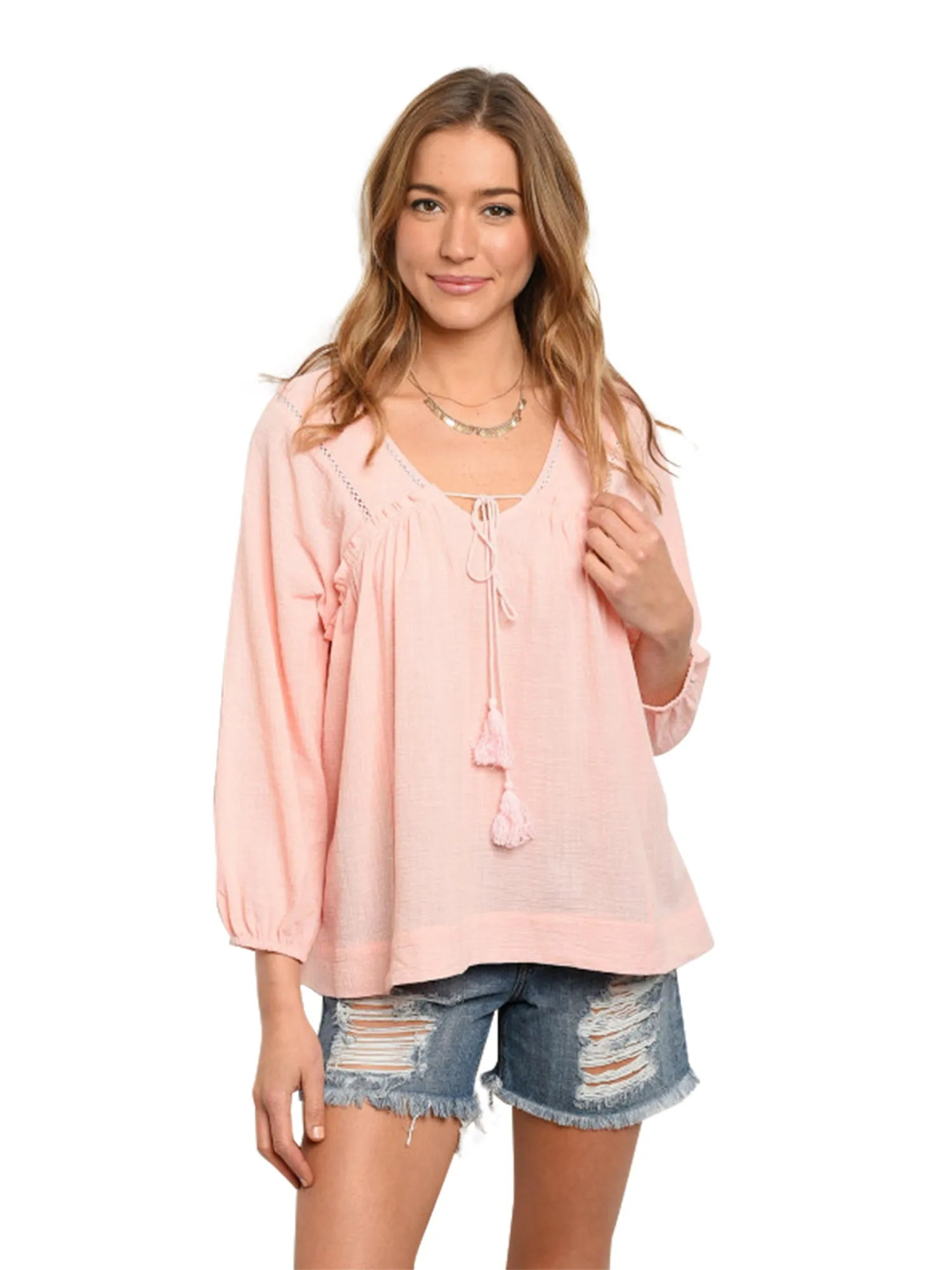 Blush Pink Womens Lightweight Long Sleeve Tunic Top