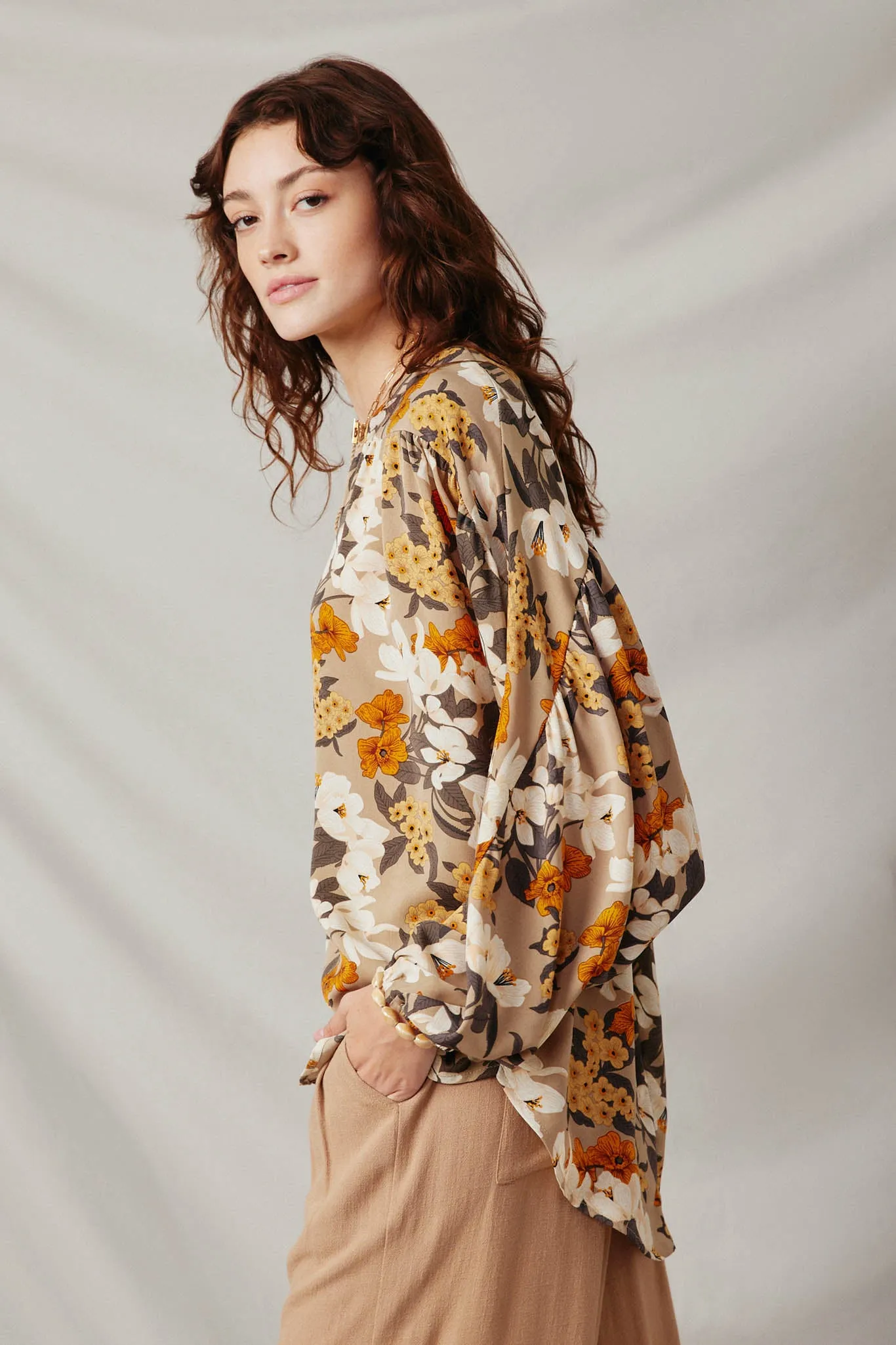 Bold Floral Puff Sleeve Tie Neck Top