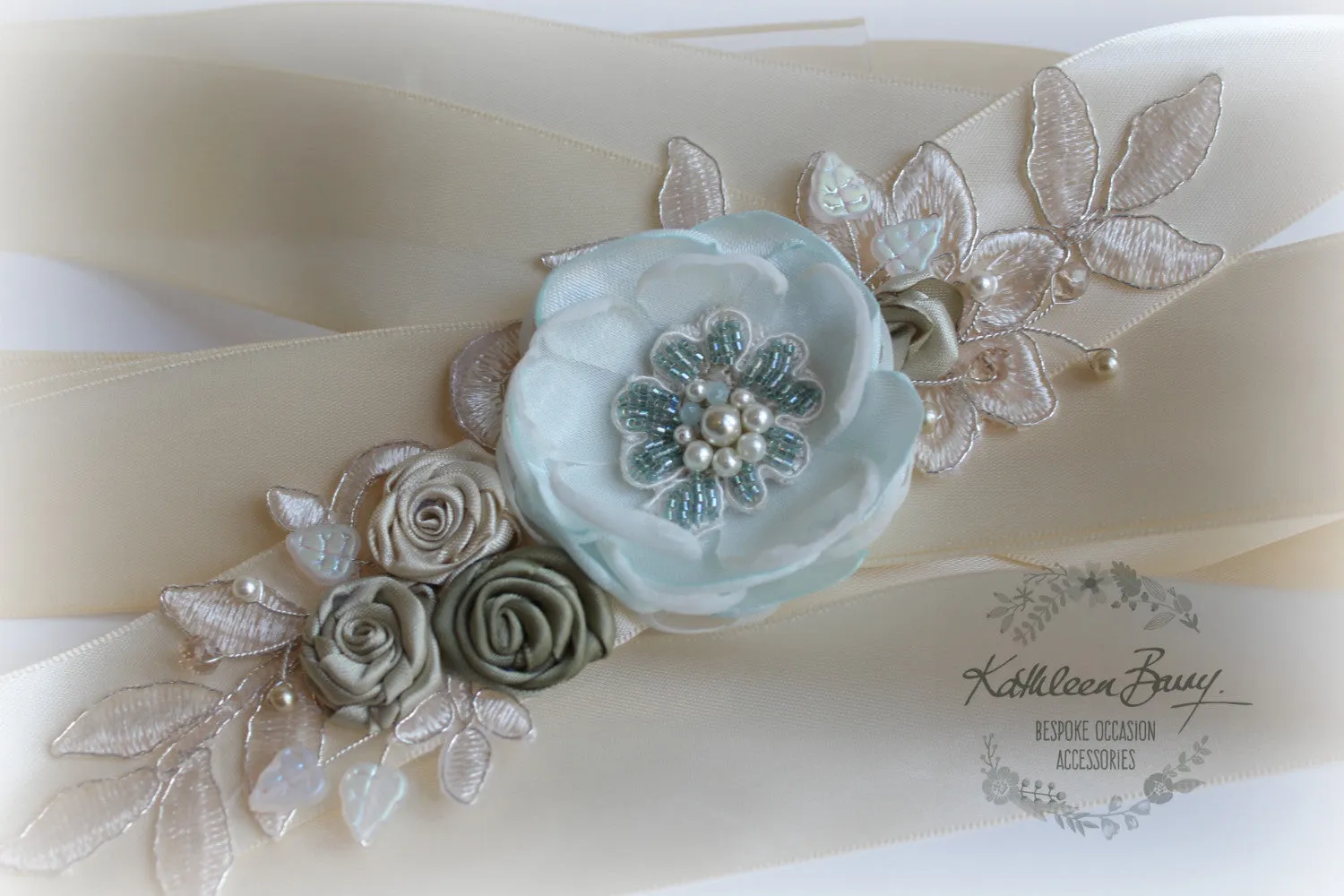 Braelin Bridal sash - wedding dress belt - floral lace dress sash - champagne green mint turquoise - custom colors