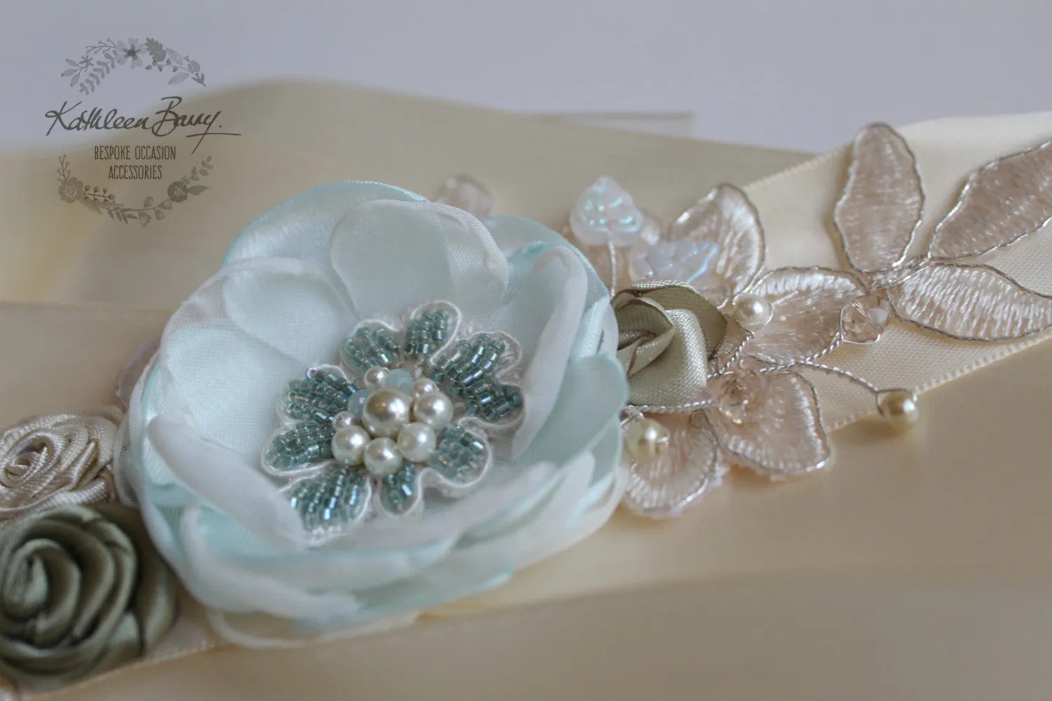 Braelin Bridal sash - wedding dress belt - floral lace dress sash - champagne green mint turquoise - custom colors