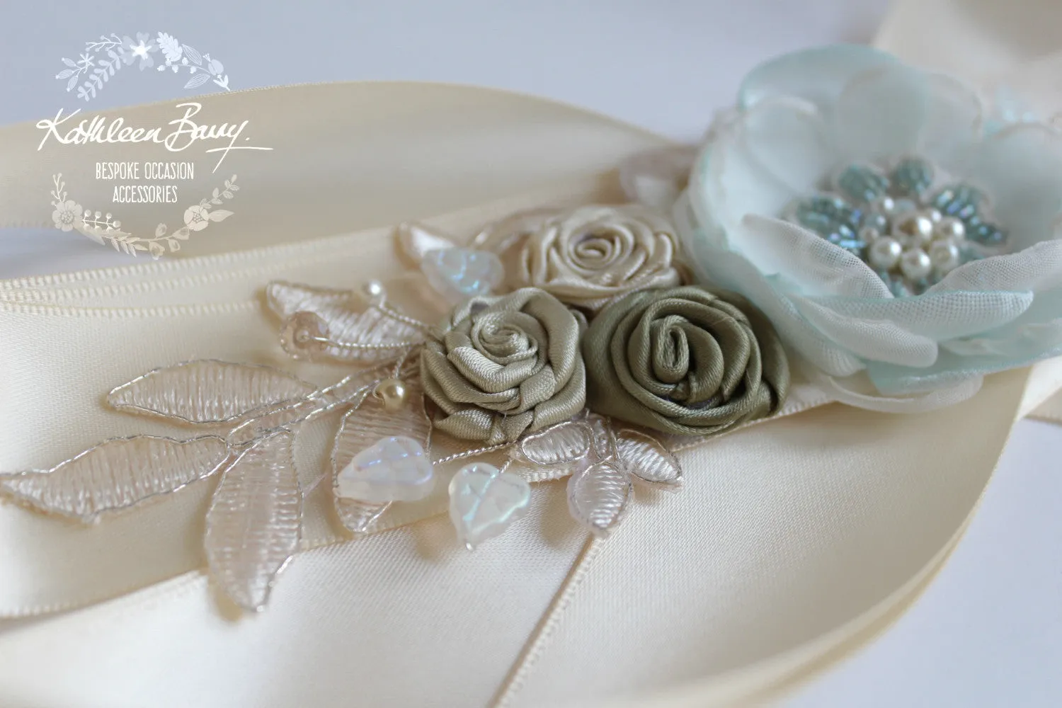 Braelin Bridal sash - wedding dress belt - floral lace dress sash - champagne green mint turquoise - custom colors