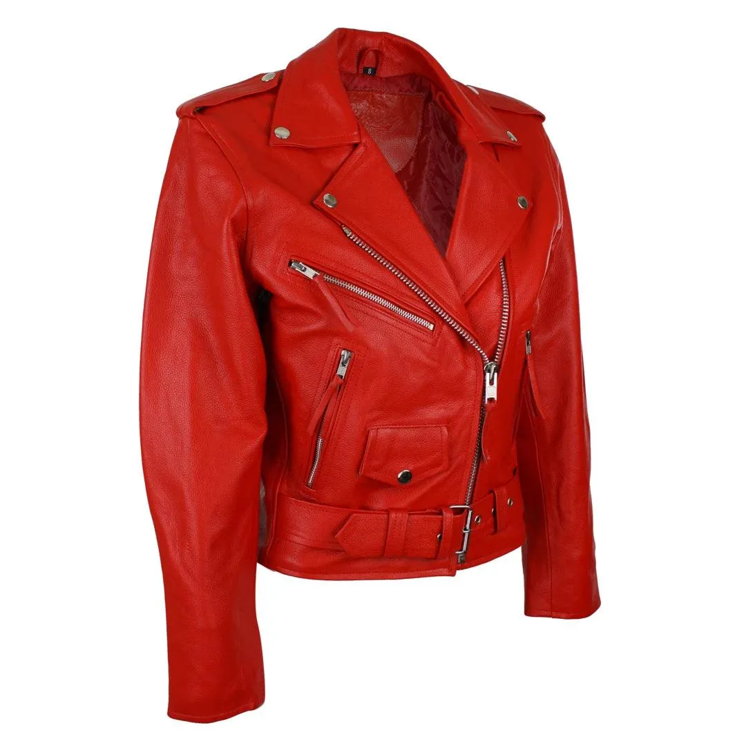 Brando Ladies Women Black Red White Classic Biker Motorcycle Motorbike Hide Leather Jacket