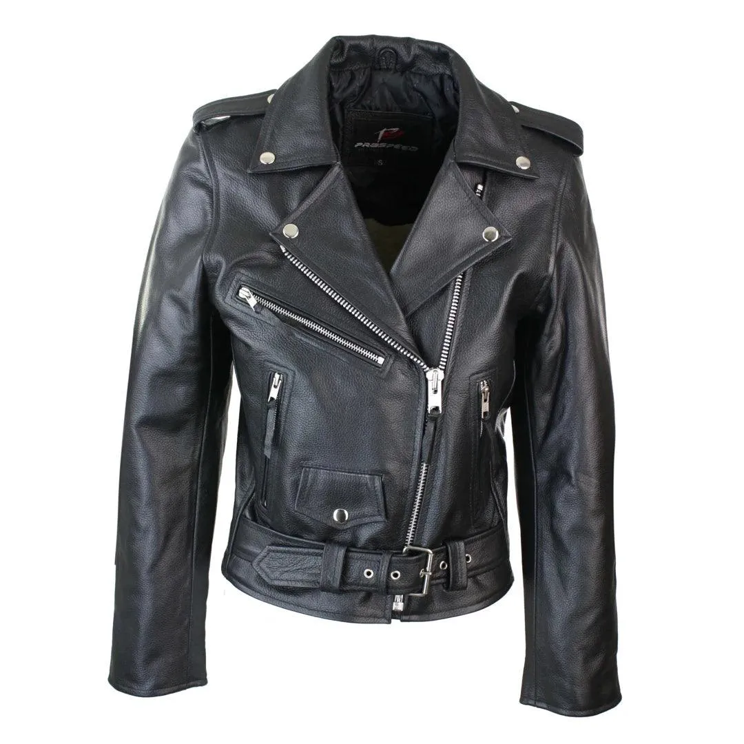 Brando Ladies Women Black Red White Classic Biker Motorcycle Motorbike Hide Leather Jacket