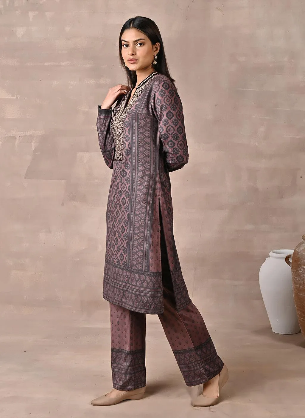 Brown Velvet Kurta Set with Zari & Sequin Work