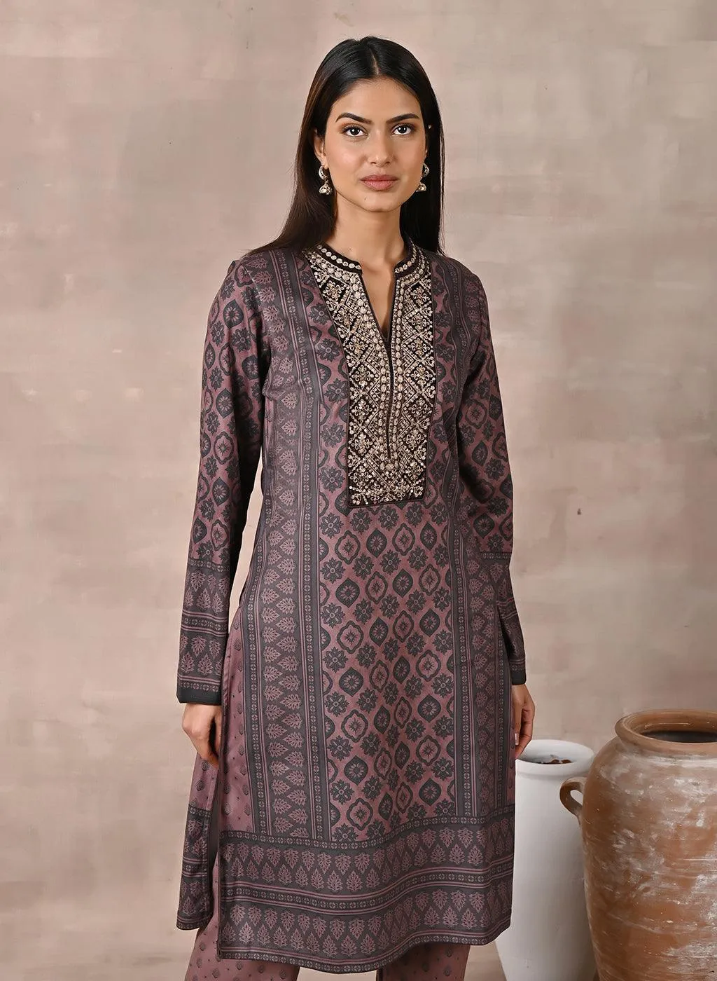 Brown Velvet Kurta Set with Zari & Sequin Work