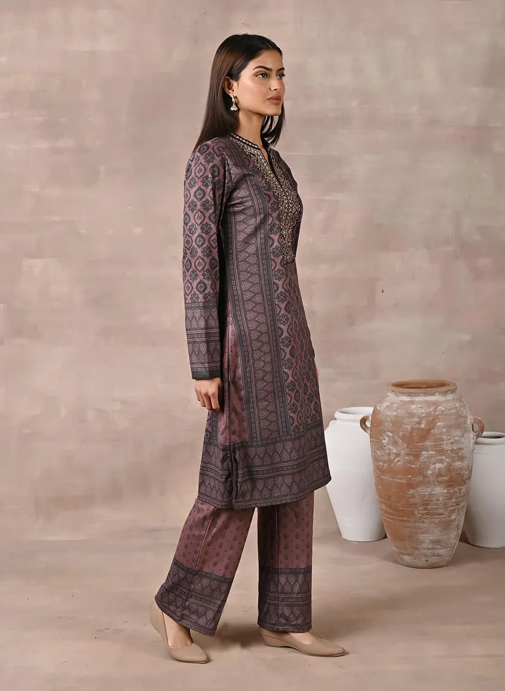 Brown Velvet Kurta Set with Zari & Sequin Work