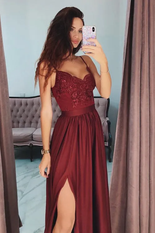 Burgundy A-line Lace Spaghetti Straps V-Neck Long Prom Dress with Split, SP423