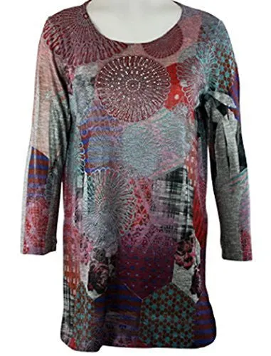 Cactus Fashion - Patchwork Patterns, 3/4 Sleeve, Scoop Neck Sublimation Print Top