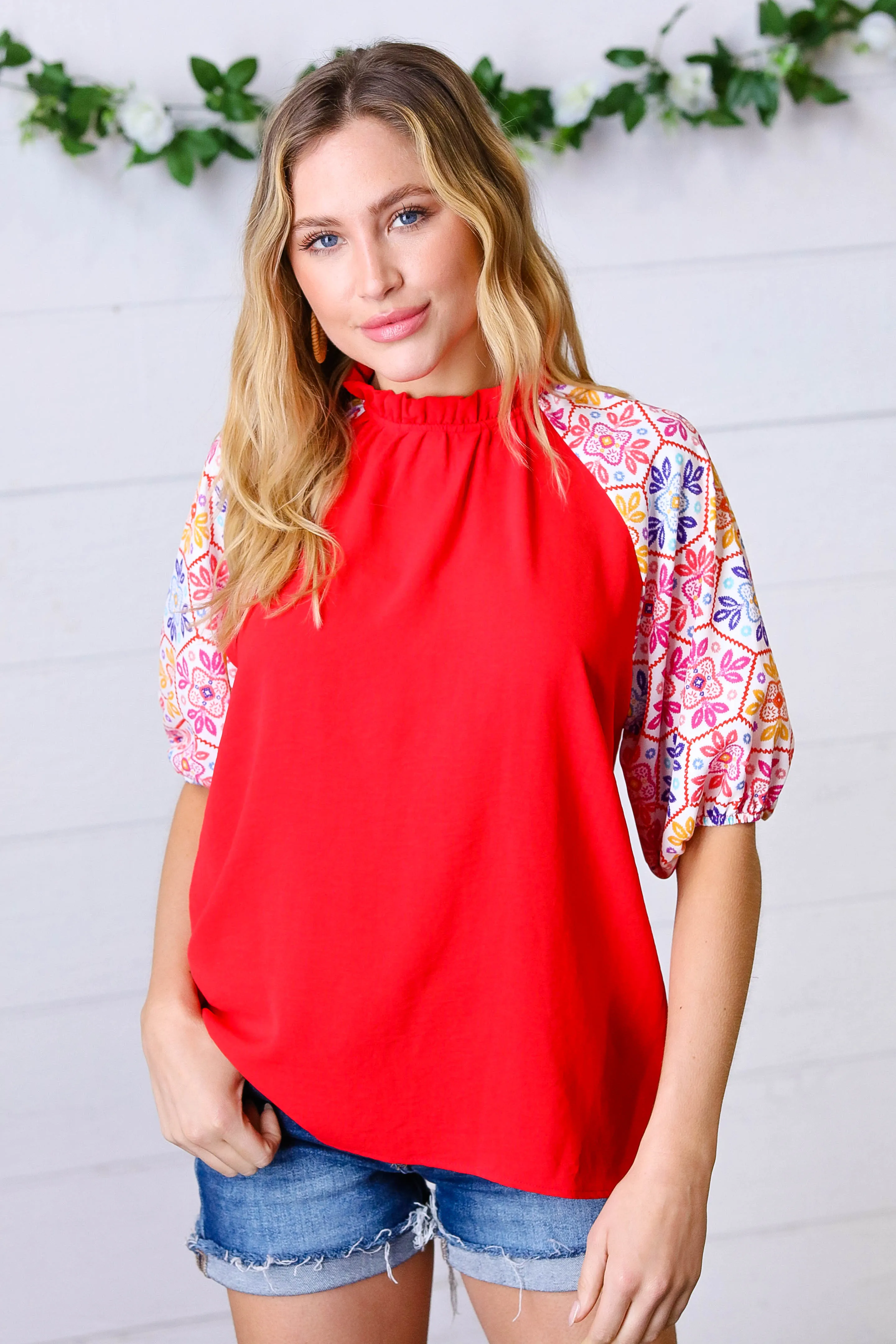 Cardinal Red Frilled Mock Neck Floral Puff Sleeve Top