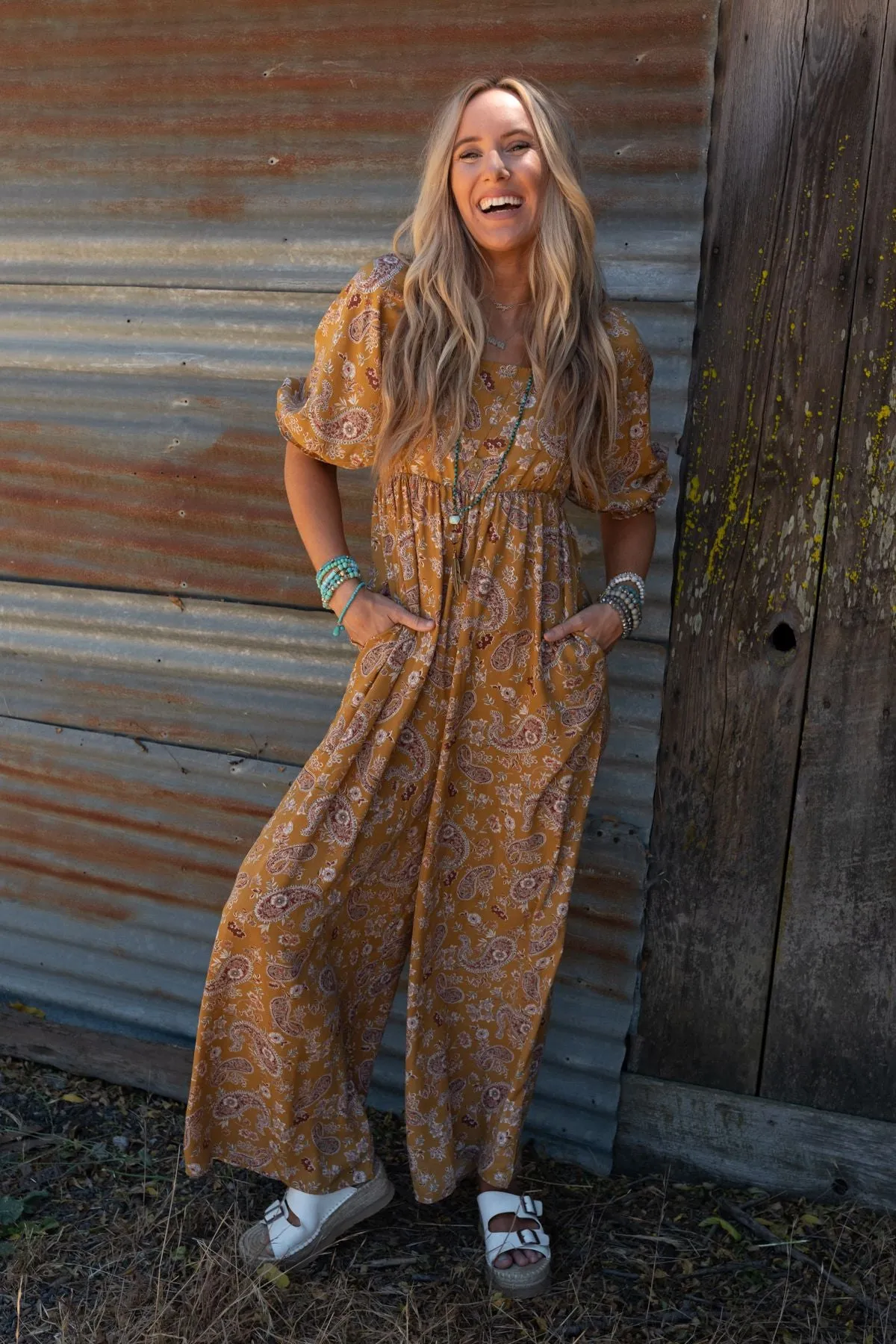 Charlotte Printed Wide Leg Jumpsuit - Mustard Paisley