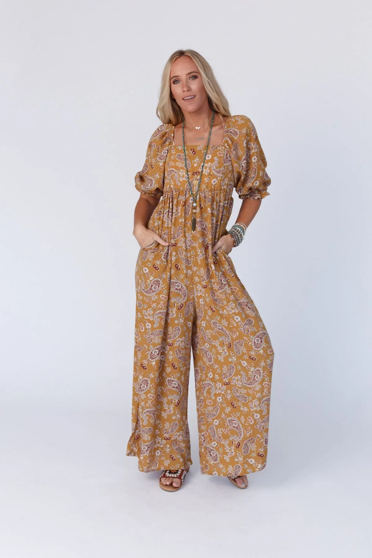 Charlotte Printed Wide Leg Jumpsuit - Mustard Paisley