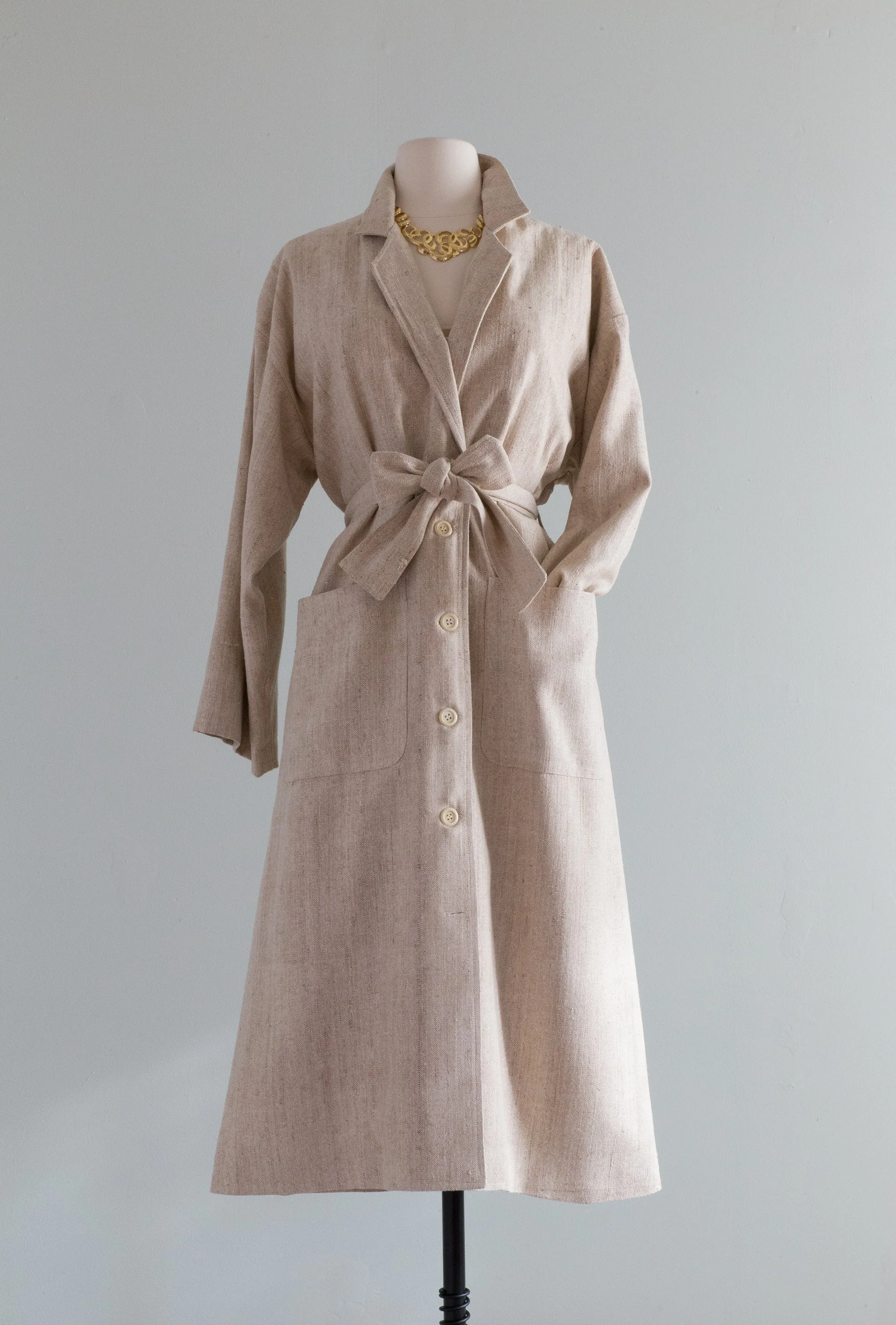 Chic 1980's Long Line Silk Trench Coat With Belt / Medium