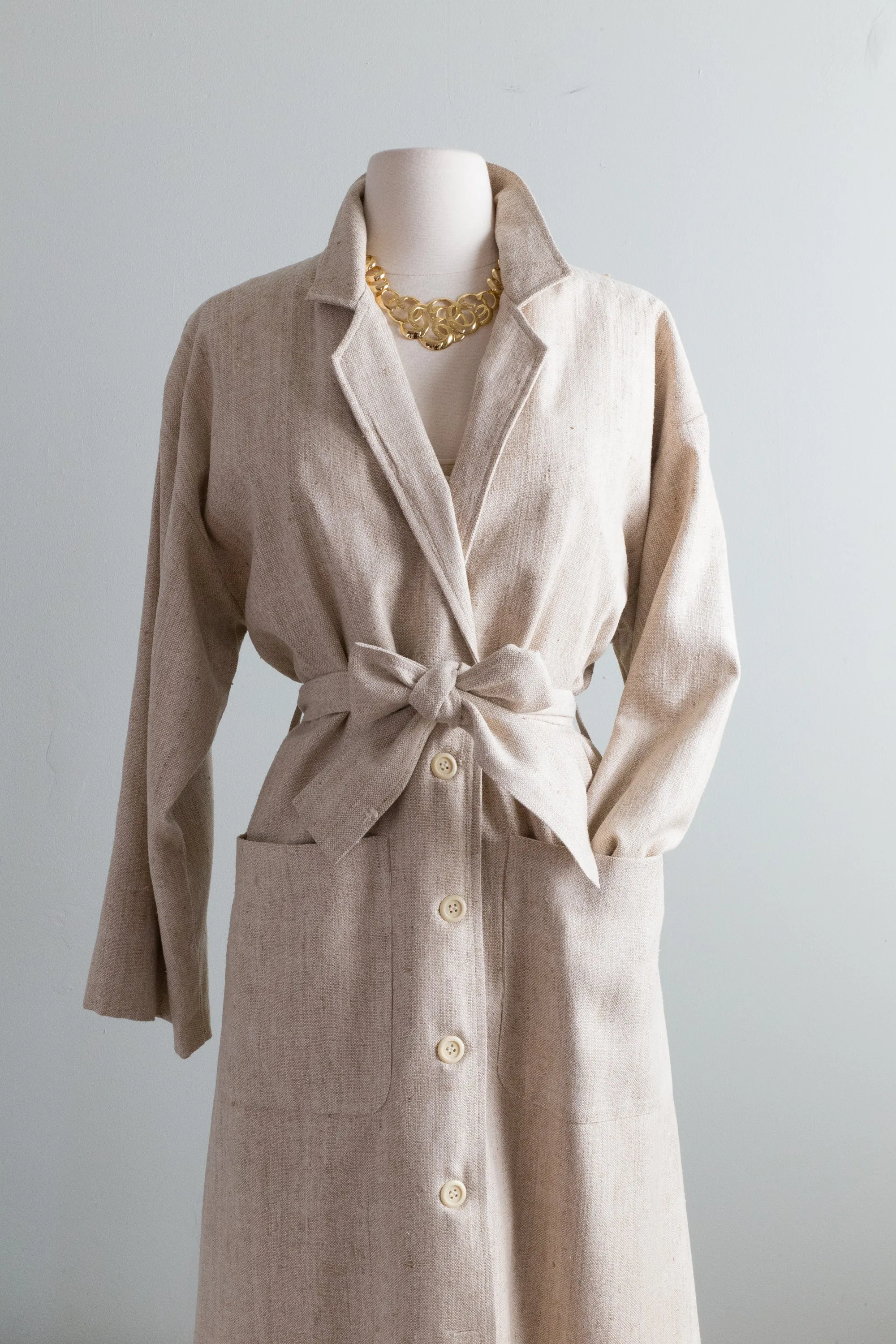 Chic 1980's Long Line Silk Trench Coat With Belt / Medium