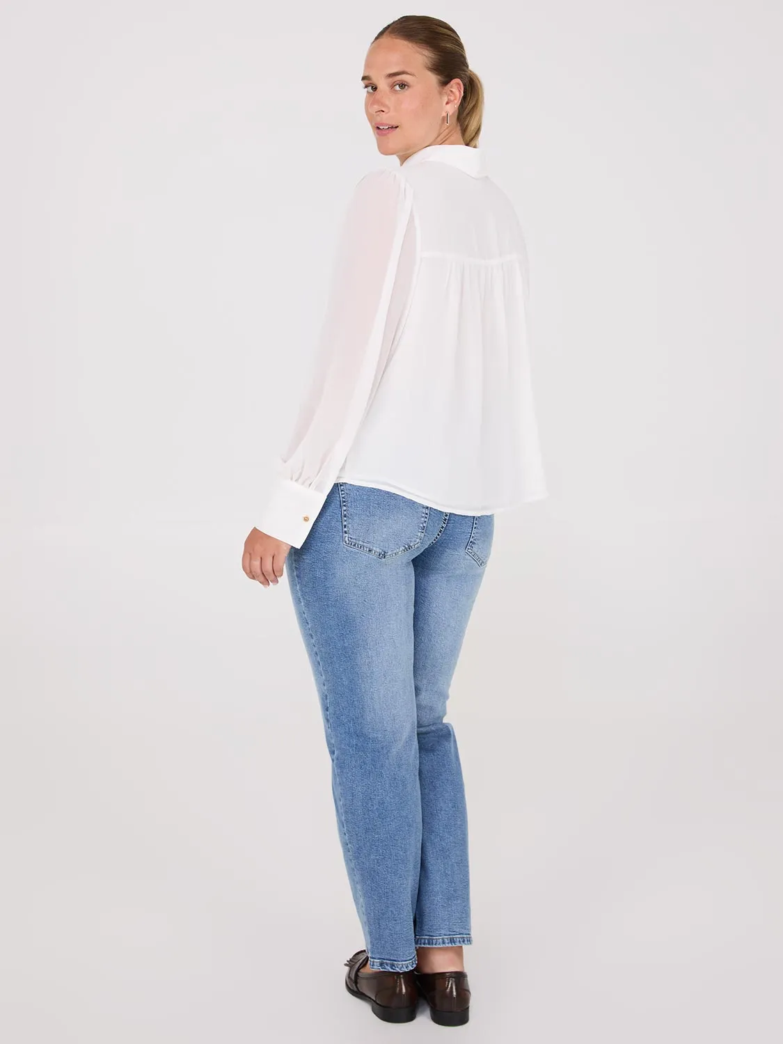 Chiffon Button-Front Volume Sleeve Blouse