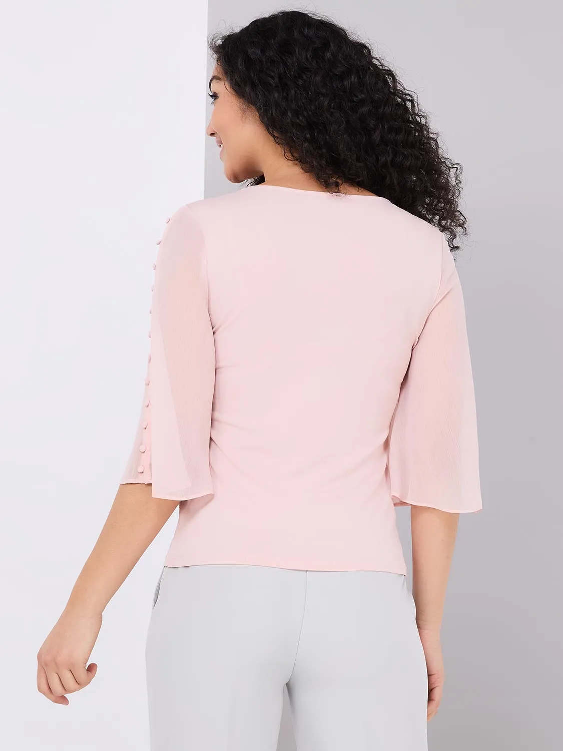 Chiffon Flutter Sleeve Top With Button Details