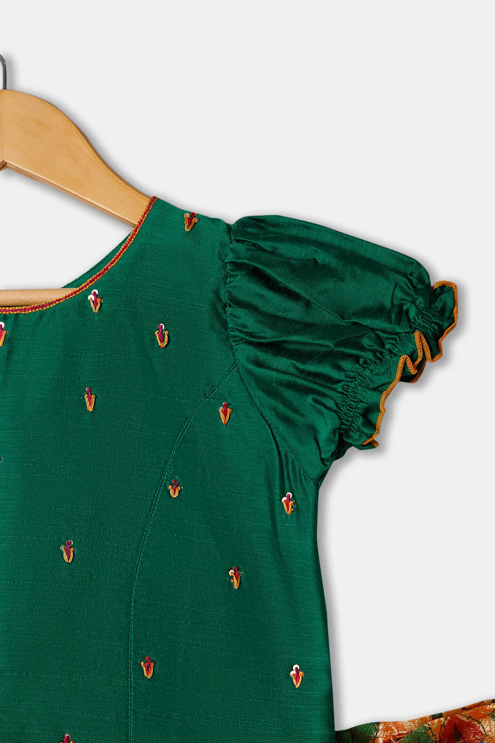 Chittythalli Girls Ethnic wear Cotton blend  Pavadai Set with Round Neck Puff Sleeve - Green - PS36