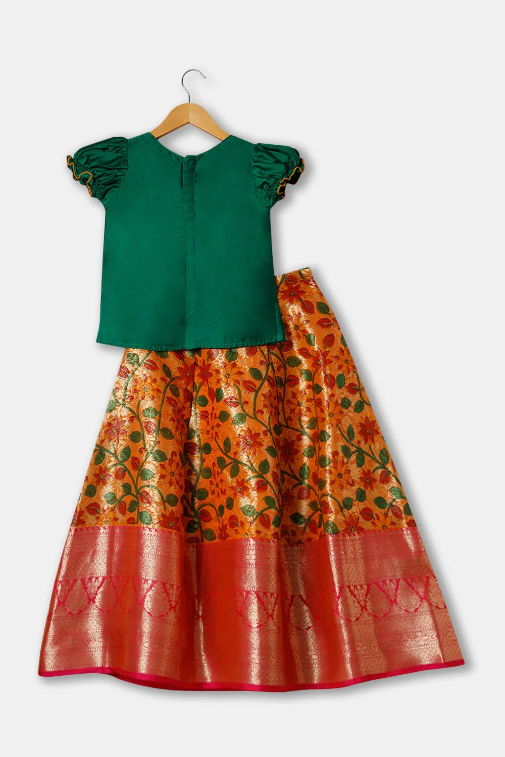 Chittythalli Girls Ethnic wear Cotton blend  Pavadai Set with Round Neck Puff Sleeve - Green - PS36