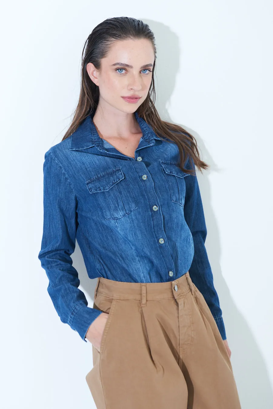 Classic denim button-up shirt wholesale