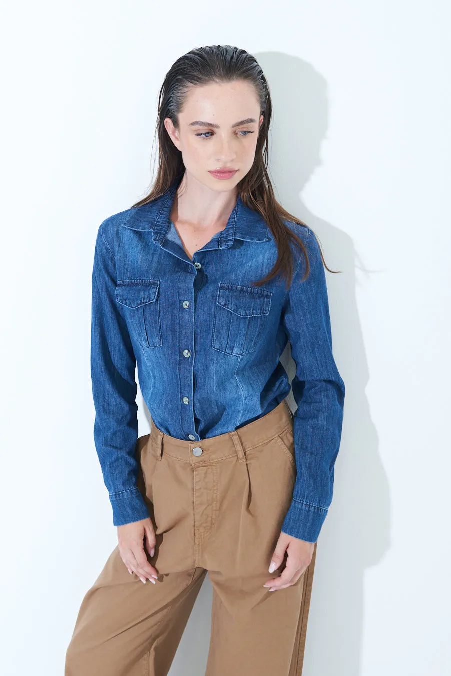 Classic denim button-up shirt wholesale