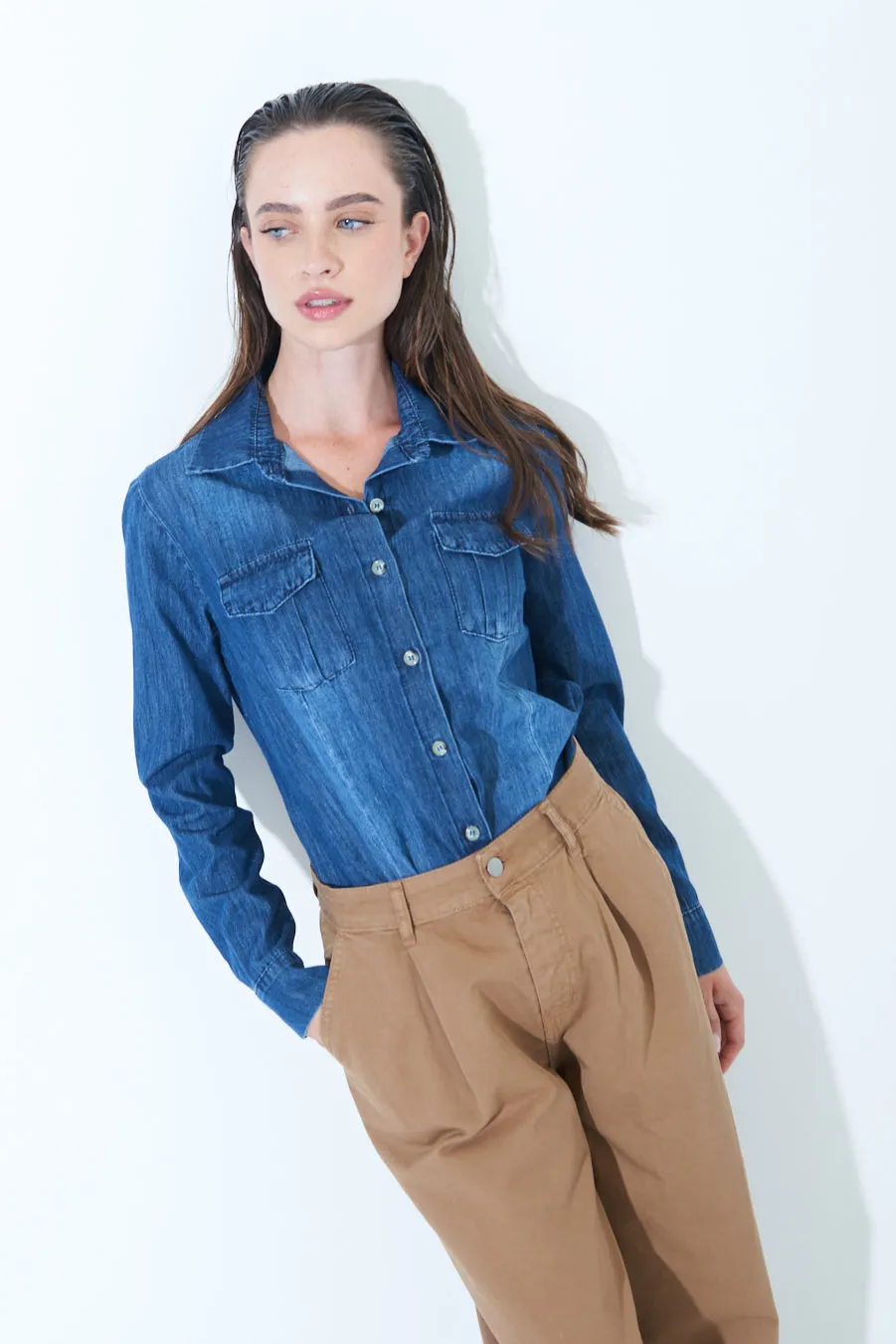 Classic denim button-up shirt wholesale