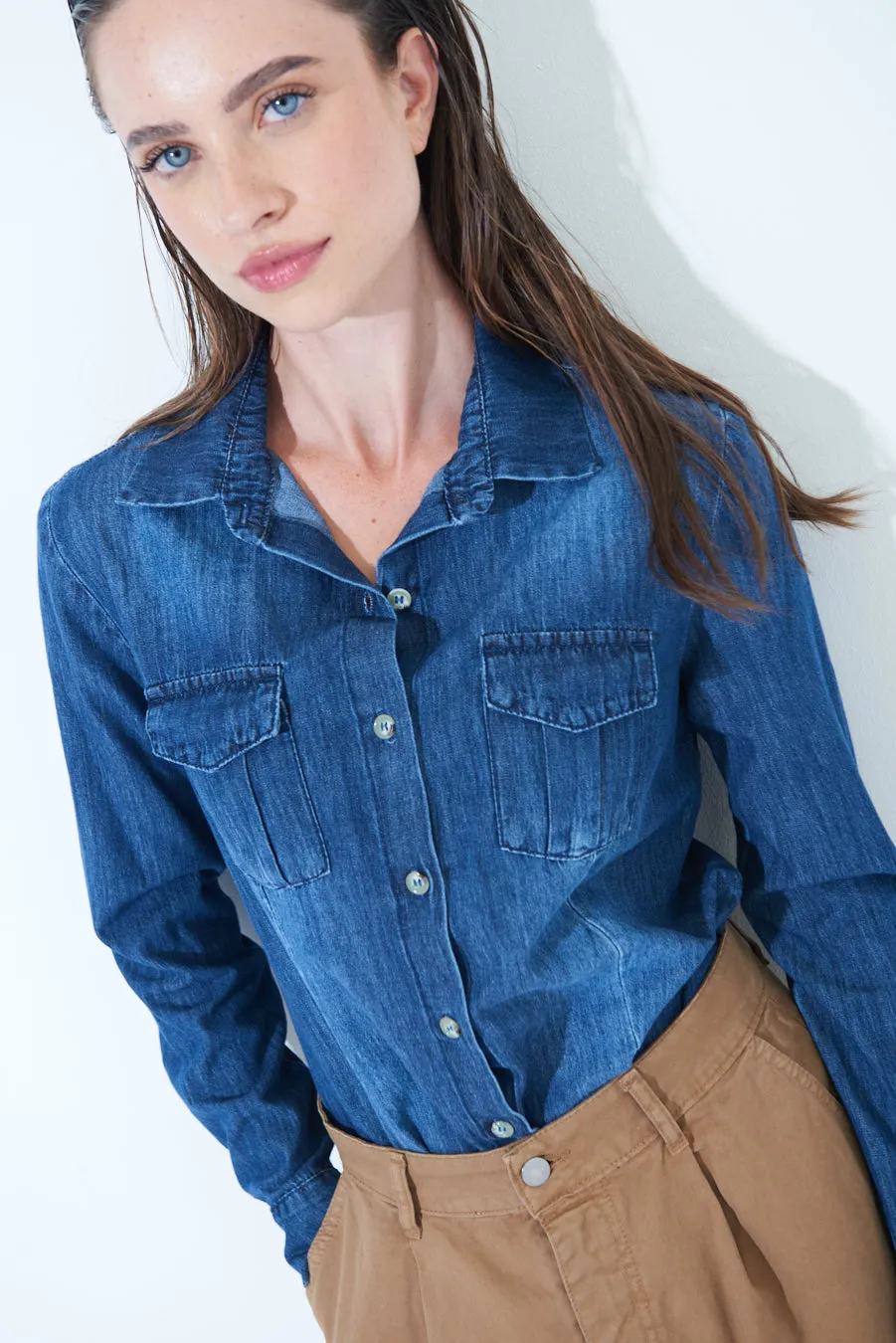 Classic denim button-up shirt wholesale