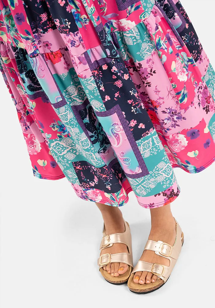 Claudine Pretty Patchwork Print Tiered Hem Midi Dress