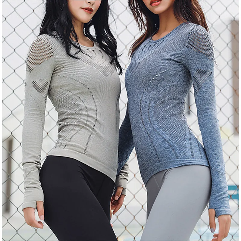 Compression Seamless Sports Tops Long Sleeve Gym Women Breathable Yoga T-Shirt Hollow Out Workout Blouse Top Tunic Tee Pullover