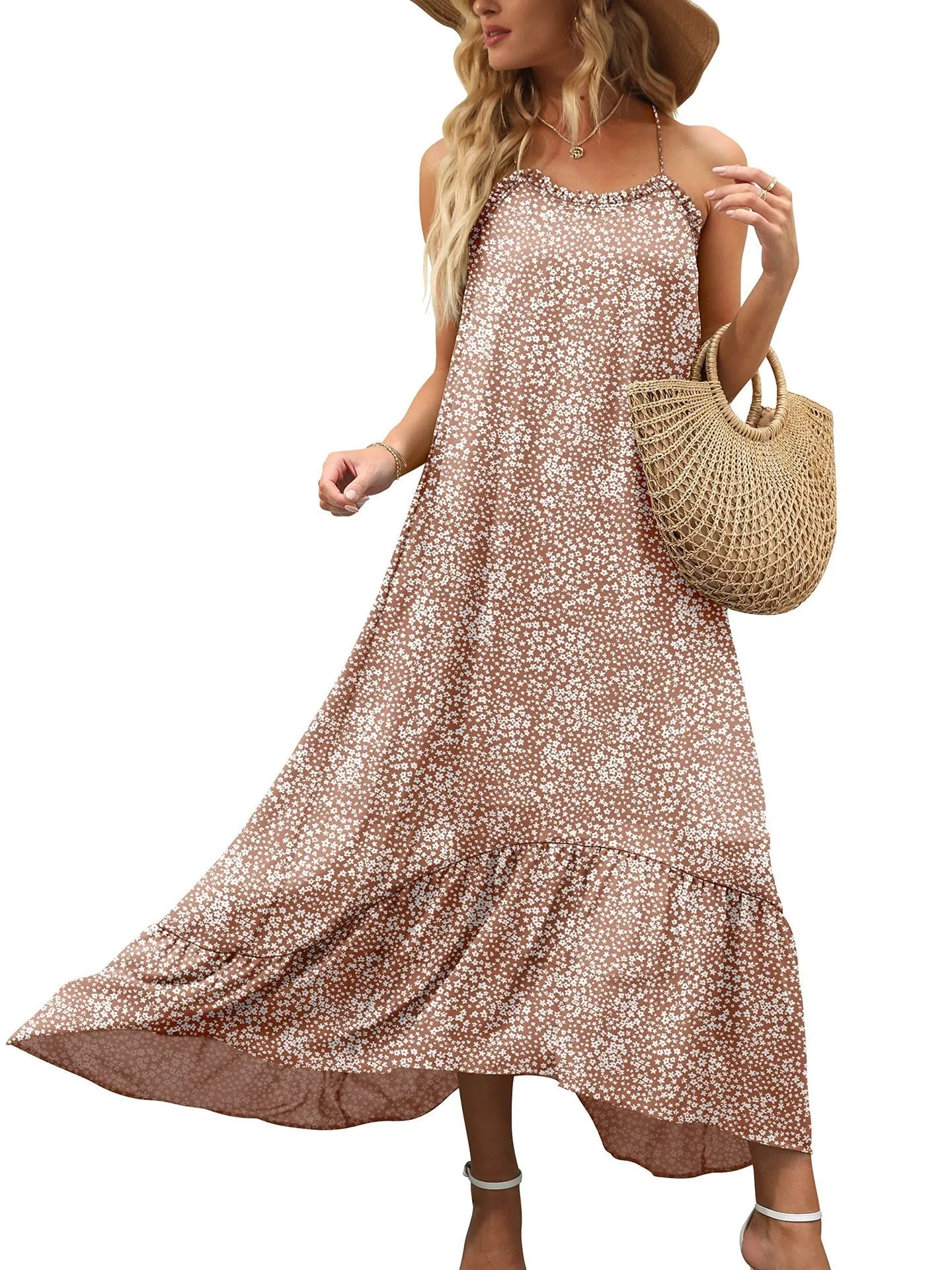 Conch Printed High Low Ruffle Maxi Dress