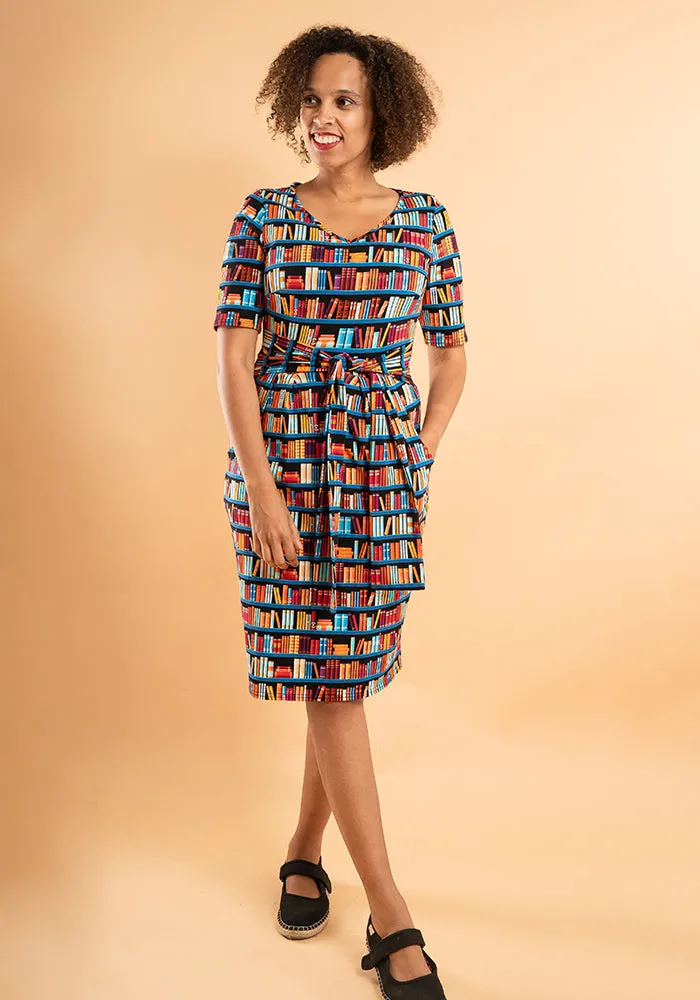 Connie Bookshelf Print Cotton Tie Waist Dress