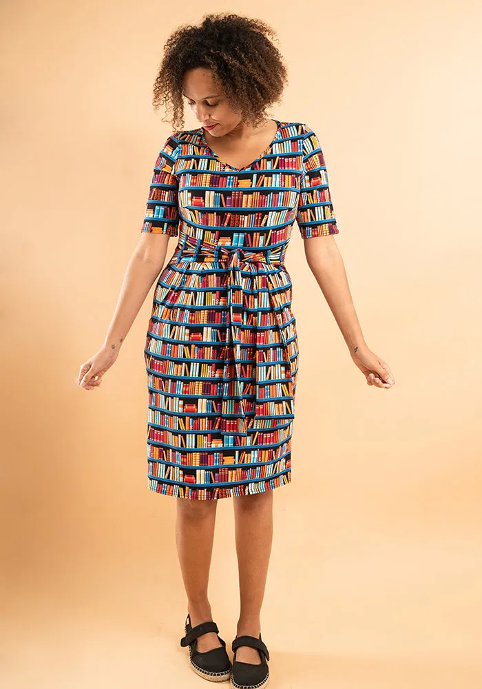 Connie Bookshelf Print Cotton Tie Waist Dress