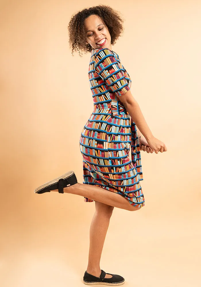 Connie Bookshelf Print Cotton Tie Waist Dress