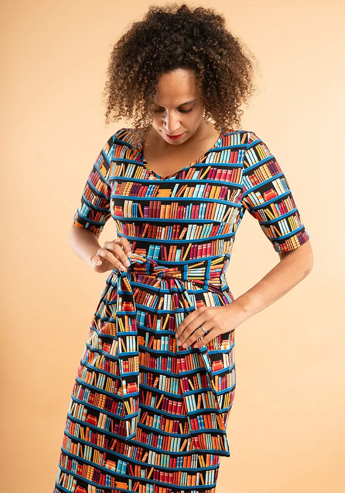 Connie Bookshelf Print Cotton Tie Waist Dress