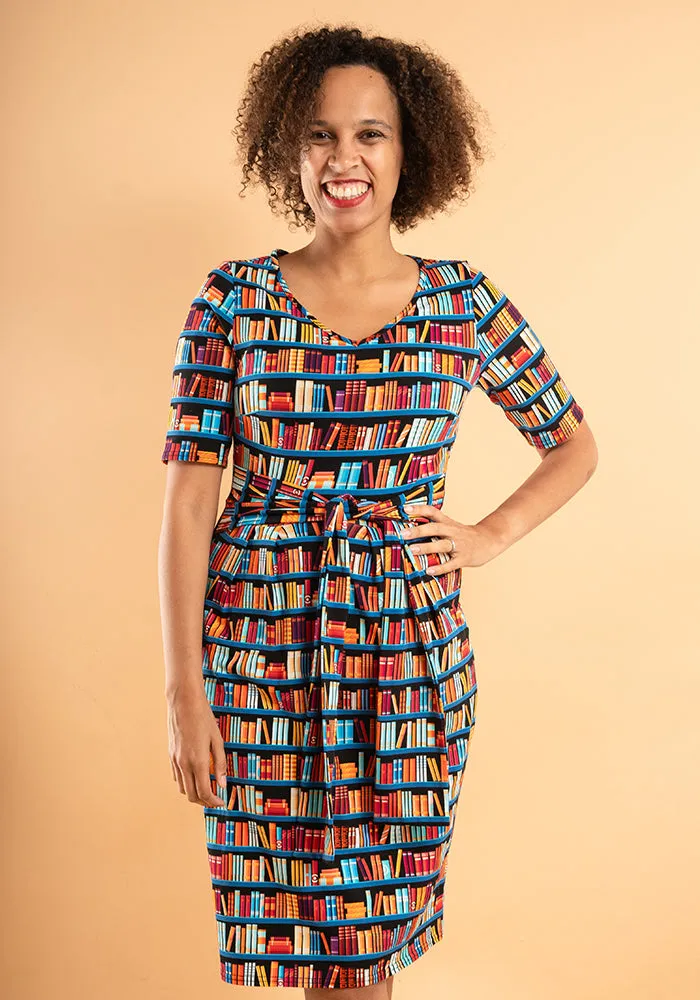 Connie Bookshelf Print Cotton Tie Waist Dress