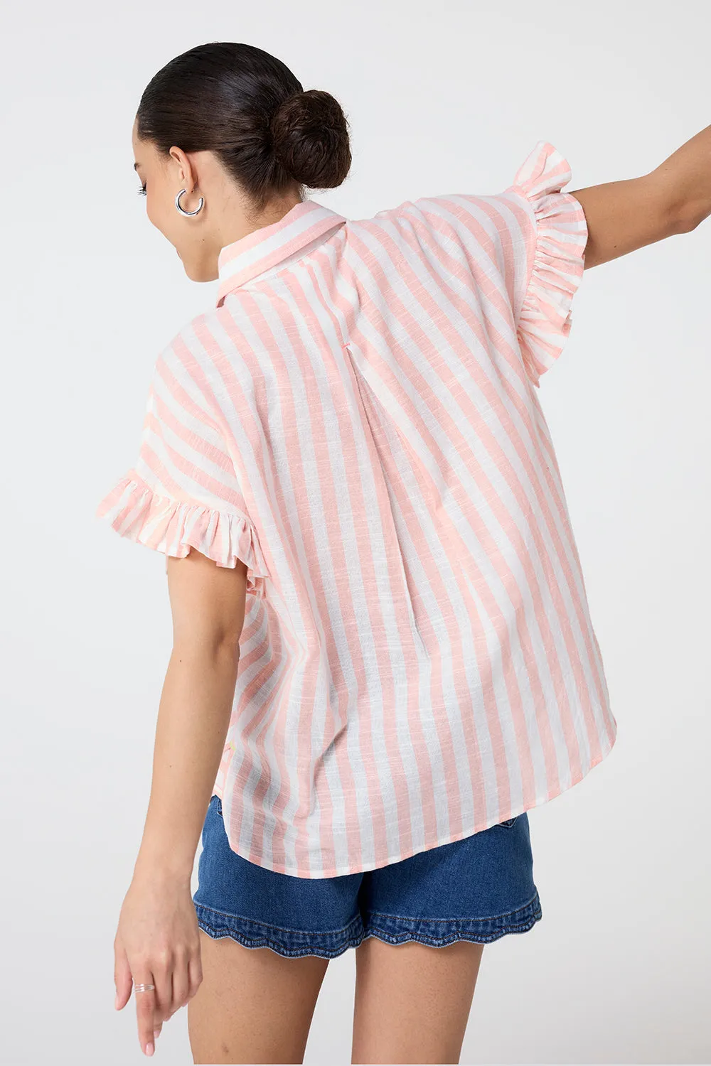 Coral and White Stripe Frill Sleeve Shirt