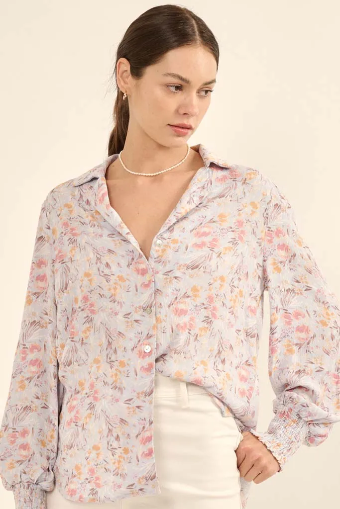 Delicate Dawn Floral Crepe Smocked-Cuff Top