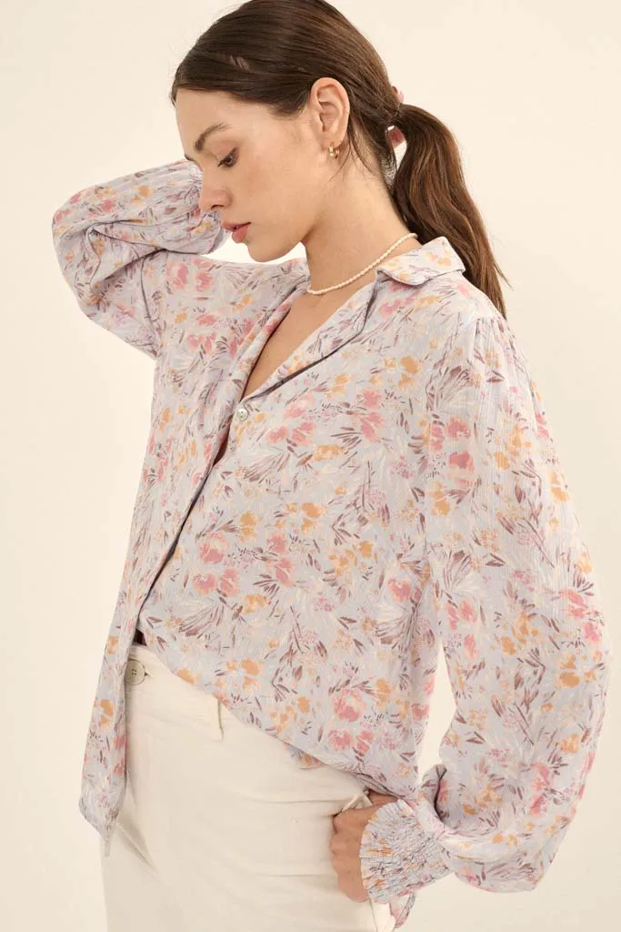 Delicate Dawn Floral Crepe Smocked-Cuff Top