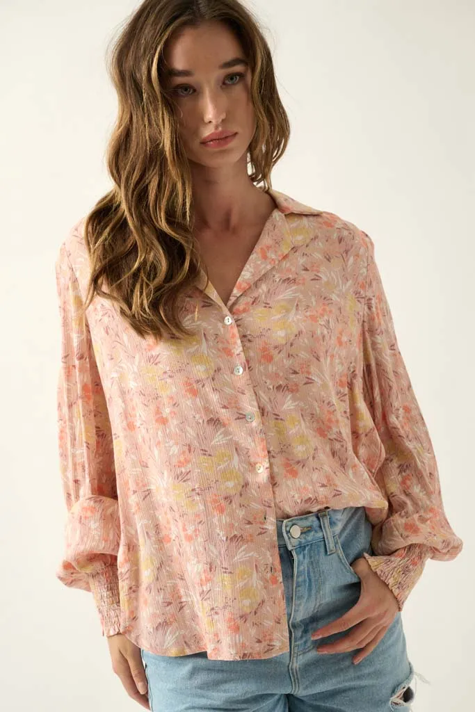 Delicate Dawn Floral Crepe Smocked-Cuff Top